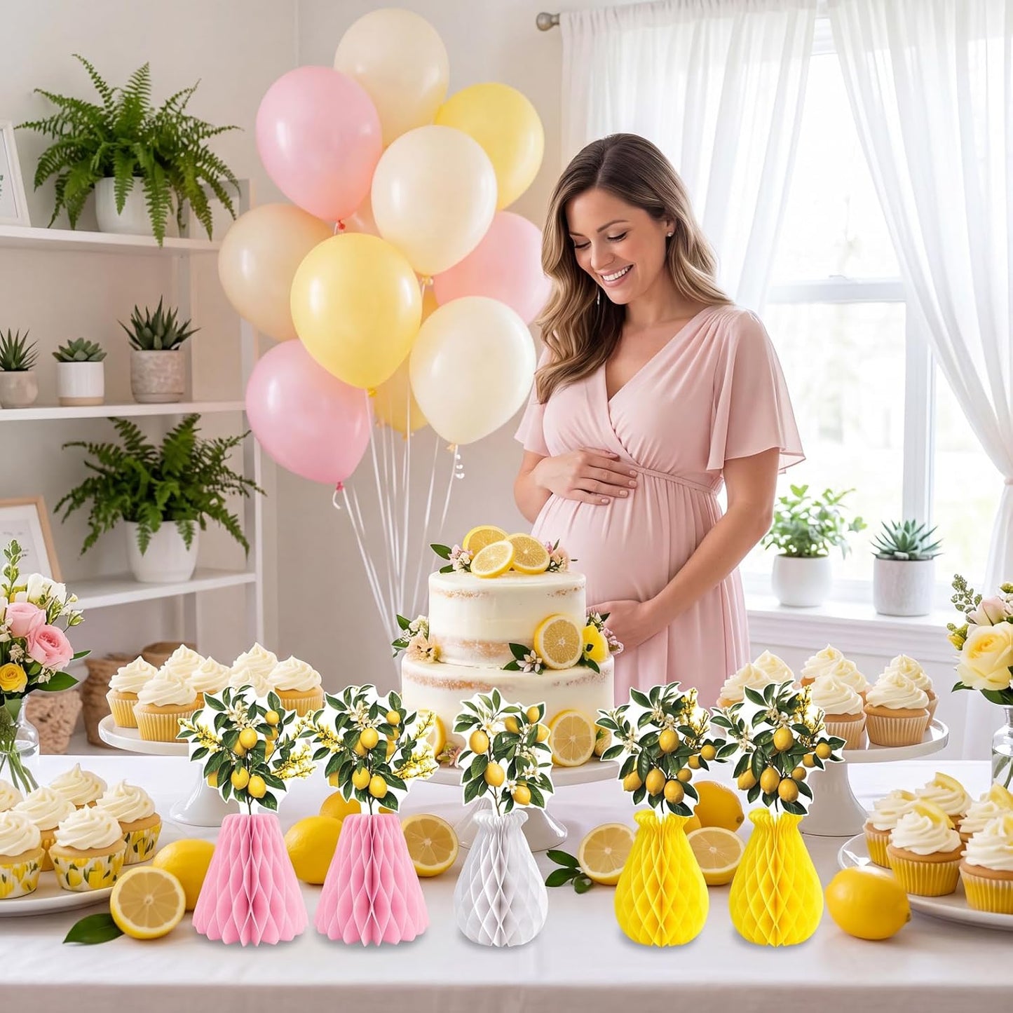 9Pcs Summer Lemon Party Decorations Honeycomb Centerpieces Set | Pink and Yellow,Honeycomb Centerpieces For Table,Decor for Lemonade Stand, Amalfi Coast,Italian Birthday,Baby Shower,Wedding
