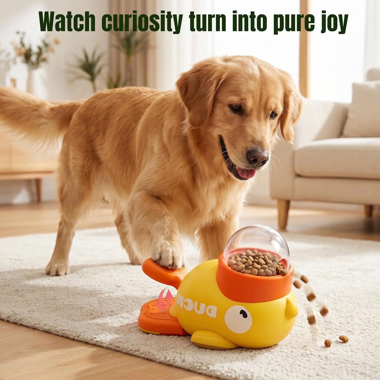 Interactive Dog Treat Dispenser Toy – Duck-Shaped Puzzle Feeder with Portion Control, Clear Dome & Airtight Lid for Small Medium Large Dogs – Slow Feeder Kibble Launcher – Yellow/Orange