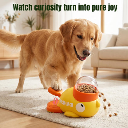 Interactive Dog Treat Dispenser Toy – Duck-Shaped Puzzle Feeder with Portion Control, Clear Dome & Airtight Lid for Small Medium Large Dogs – Slow Feeder Kibble Launcher – Yellow/Orange