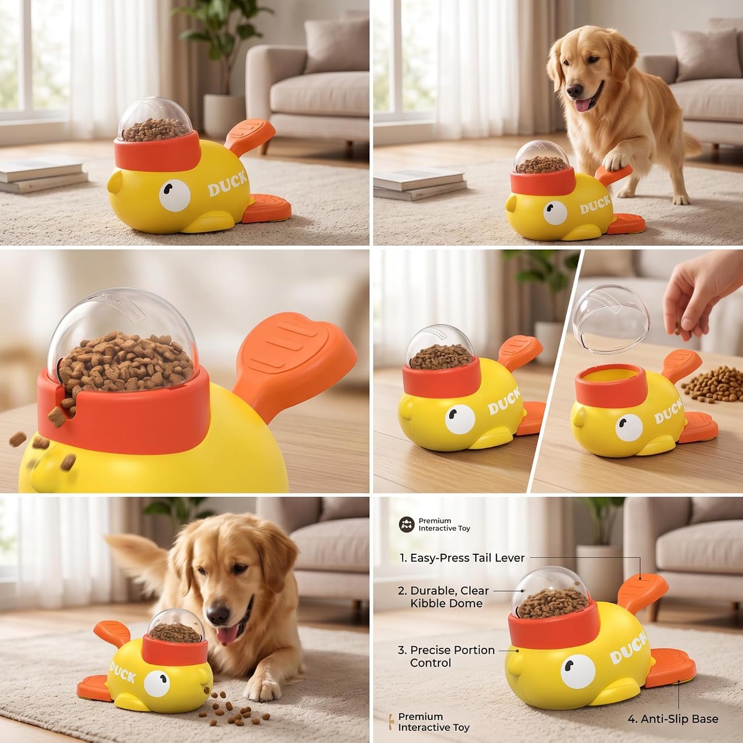 Interactive Dog Treat Dispenser Toy – Duck-Shaped Puzzle Feeder with Portion Control, Clear Dome & Airtight Lid for Small Medium Large Dogs – Slow Feeder Kibble Launcher – Yellow/Orange