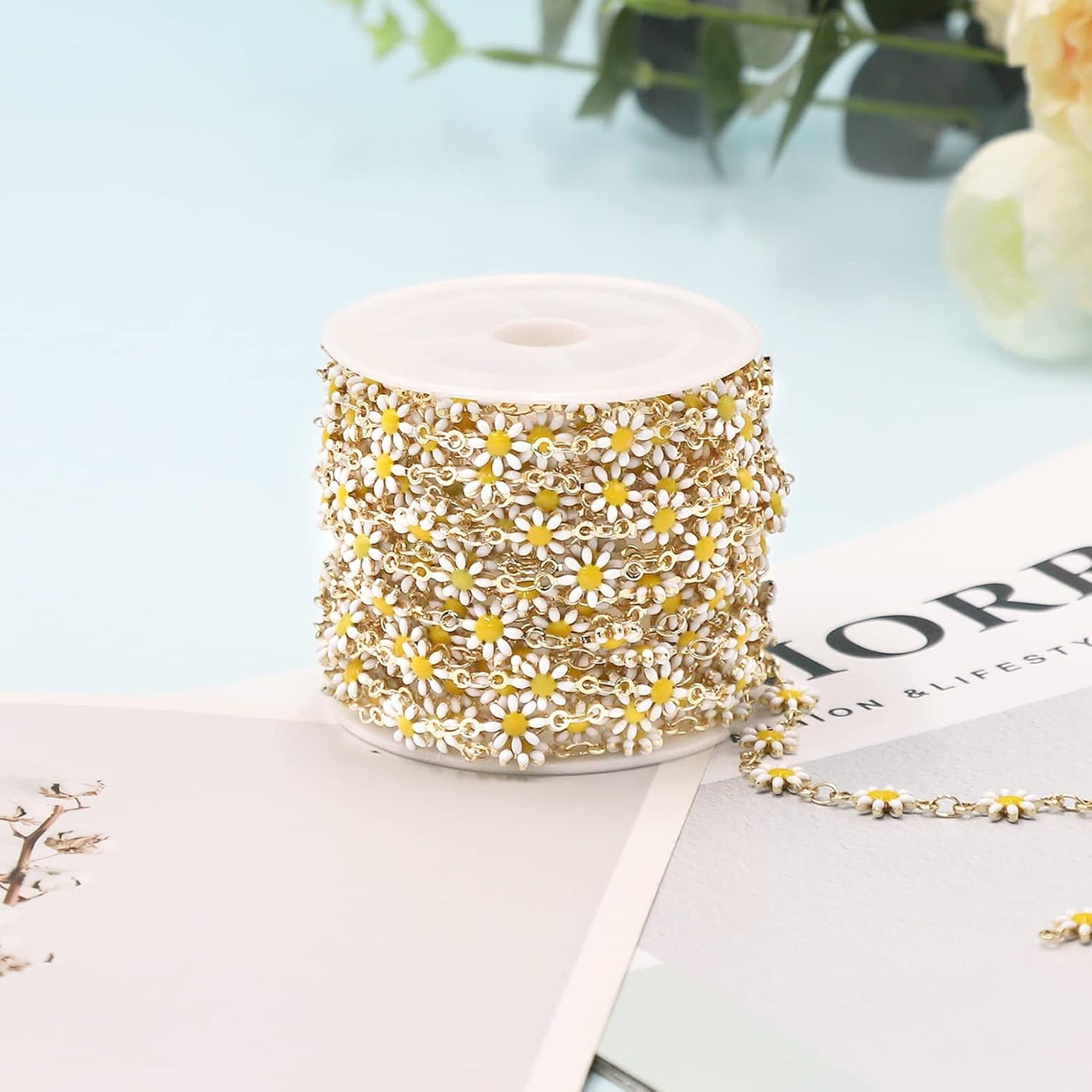 KYUNHOO 16.4FT Daisy Flower Link Chain Gold Plated Chain for Jewelry Making | Dainty Chain Bulk for Jewelry Craft DIY Finding Supplies KC Gold Brass Chain Spool with Jewelry Clasps