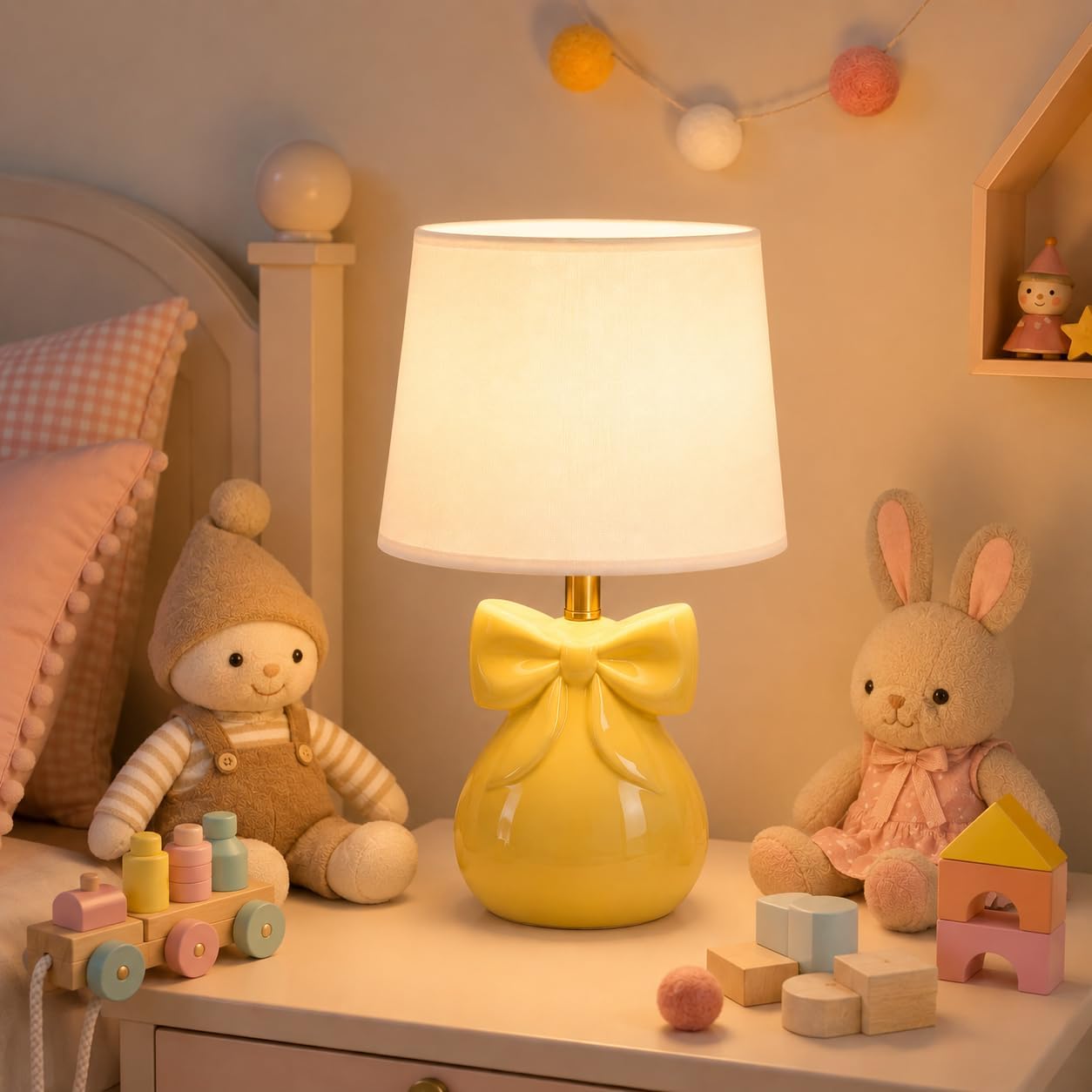 Yellow Table Lamp with Bow Design for Girl's Room, 19" Ceramic Cute Lamp Classic Bedside Lamp Nightstand Lamp for Bedroom, Modern Table Lamp for Living room with Rocker Swtich (Bulbs Included)