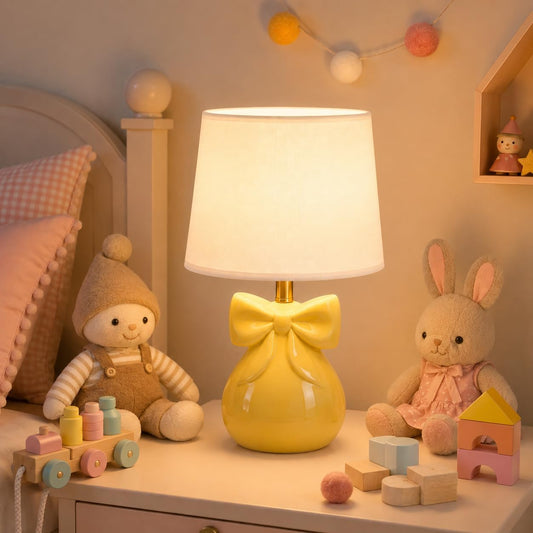 Yellow Table Lamp with Bow Design for Girl's Room, 19" Ceramic Cute Lamp Classic Bedside Lamp Nightstand Lamp for Bedroom, Modern Table Lamp for Living room with Rocker Swtich (Bulbs Included)