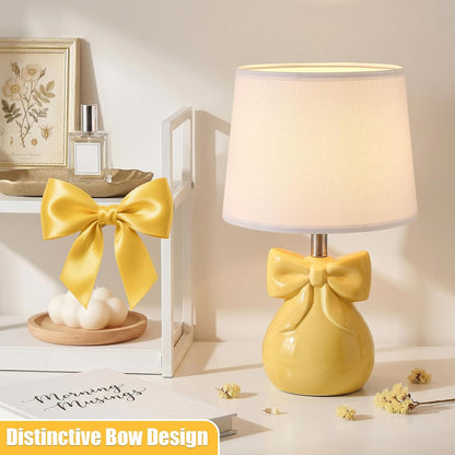Yellow Table Lamp with Bow Design for Girl's Room, 19" Ceramic Cute Lamp Classic Bedside Lamp Nightstand Lamp for Bedroom, Modern Table Lamp for Living room with Rocker Swtich (Bulbs Included)