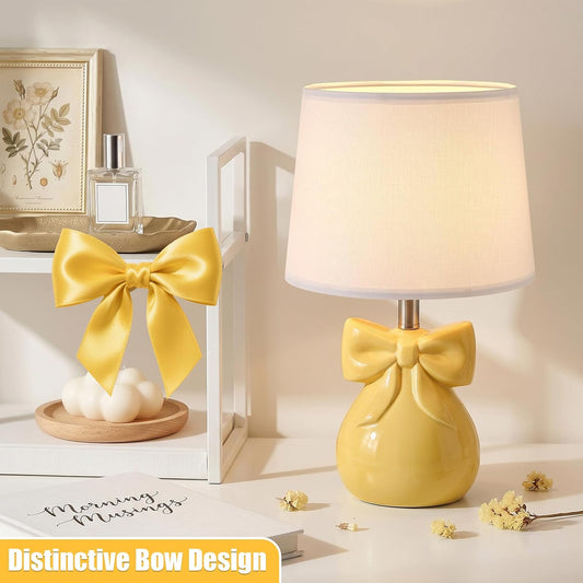 Yellow Table Lamp with Bow Design for Girl's Room, 19" Ceramic Cute Lamp Classic Bedside Lamp Nightstand Lamp for Bedroom, Modern Table Lamp for Living room with Rocker Swtich (Bulbs Included)
