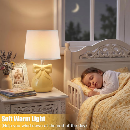 Yellow Table Lamp with Bow Design for Girl's Room, 19" Ceramic Cute Lamp Classic Bedside Lamp Nightstand Lamp for Bedroom, Modern Table Lamp for Living room with Rocker Swtich (Bulbs Included)