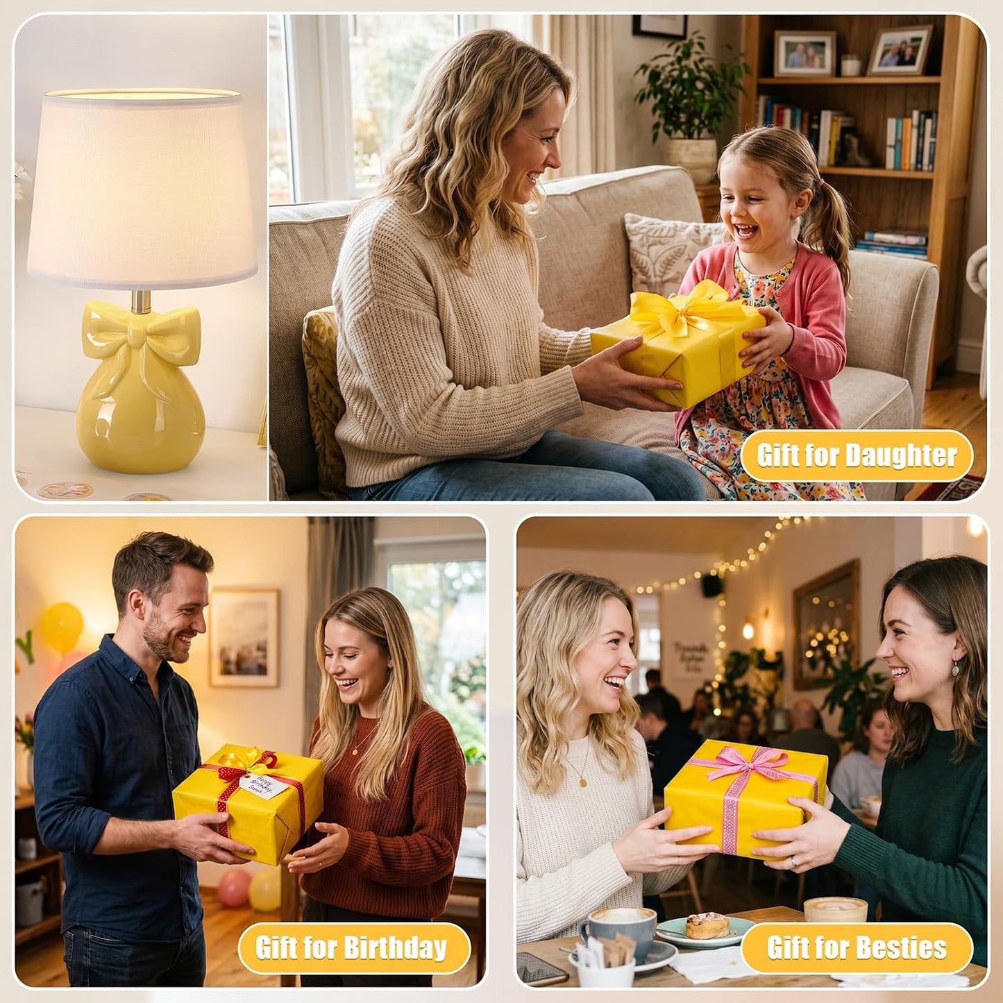 Yellow Table Lamp with Bow Design for Girl's Room, 19" Ceramic Cute Lamp Classic Bedside Lamp Nightstand Lamp for Bedroom, Modern Table Lamp for Living room with Rocker Swtich (Bulbs Included)