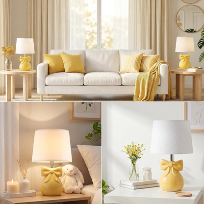 Yellow Table Lamp with Bow Design for Girl's Room, 19" Ceramic Cute Lamp Classic Bedside Lamp Nightstand Lamp for Bedroom, Modern Table Lamp for Living room with Rocker Swtich (Bulbs Included)