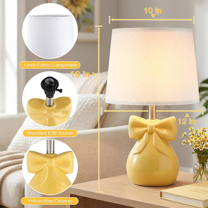 Yellow Table Lamp with Bow Design for Girl's Room, 19" Ceramic Cute Lamp Classic Bedside Lamp Nightstand Lamp for Bedroom, Modern Table Lamp for Living room with Rocker Swtich (Bulbs Included)