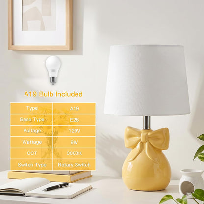Yellow Table Lamp with Bow Design for Girl's Room, 19" Ceramic Cute Lamp Classic Bedside Lamp Nightstand Lamp for Bedroom, Modern Table Lamp for Living room with Rocker Swtich (Bulbs Included)