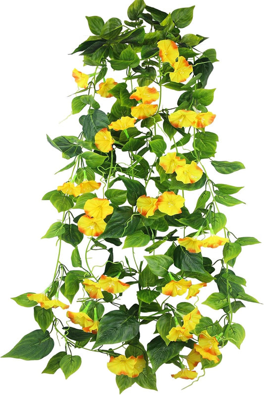 2 Pcs Artificial Vines Silk Morning Glory Vines for Outdoor 15Feet Hanging Plants Garland Yellow Fake Green Plant Morning Glories for Home Decor Wall Fence Stairway Wedding Hanging Baskets