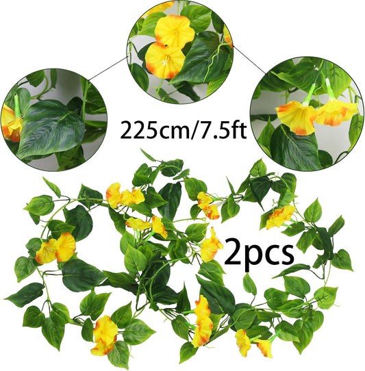 2 Pcs Artificial Vines Silk Morning Glory Vines for Outdoor 15Feet Hanging Plants Garland Yellow Fake Green Plant Morning Glories for Home Decor Wall Fence Stairway Wedding Hanging Baskets