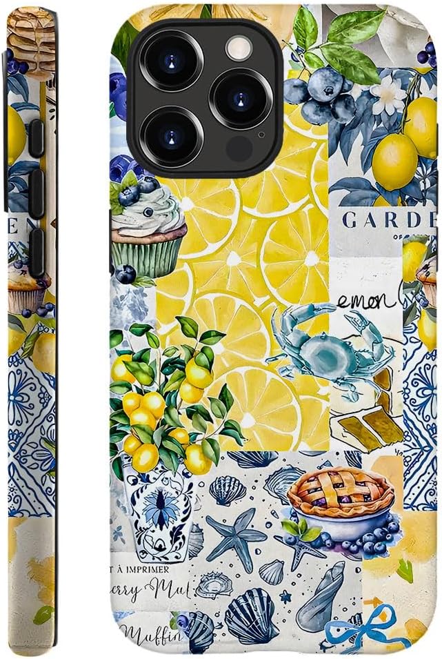 Compatible with iPhone 16 Pro,Durable & Shockproof Phone Case Cover Design - Collage Lemons Blueberries Shells