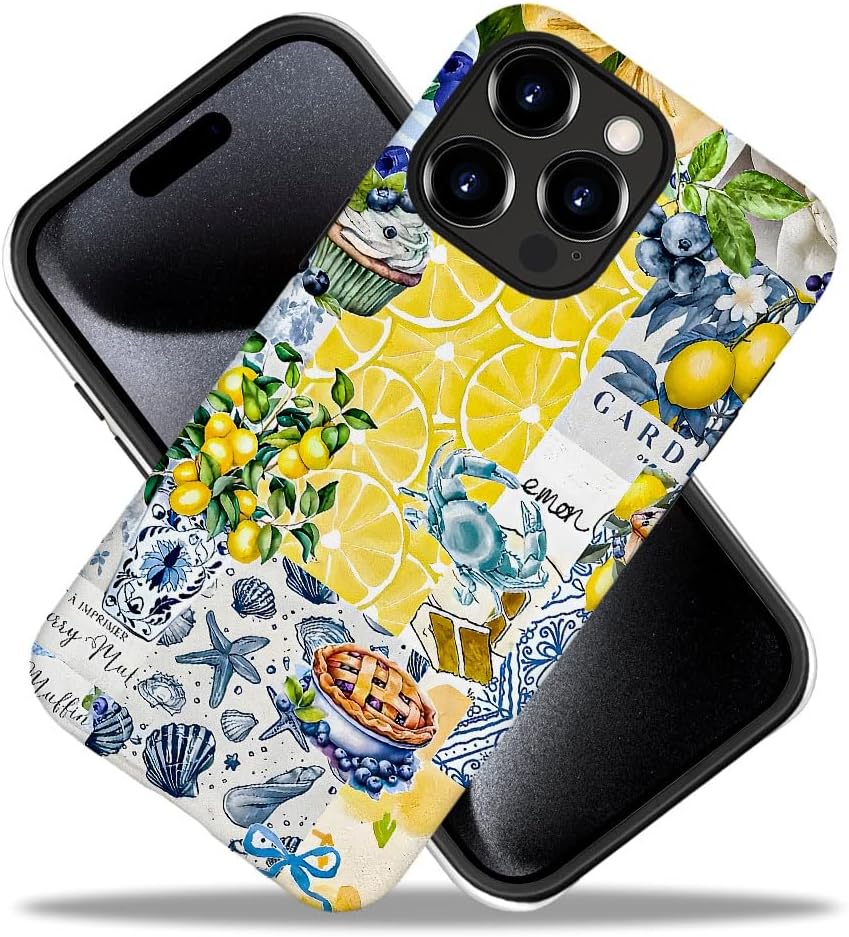 Compatible with iPhone 16 Pro,Durable & Shockproof Phone Case Cover Design - Collage Lemons Blueberries Shells