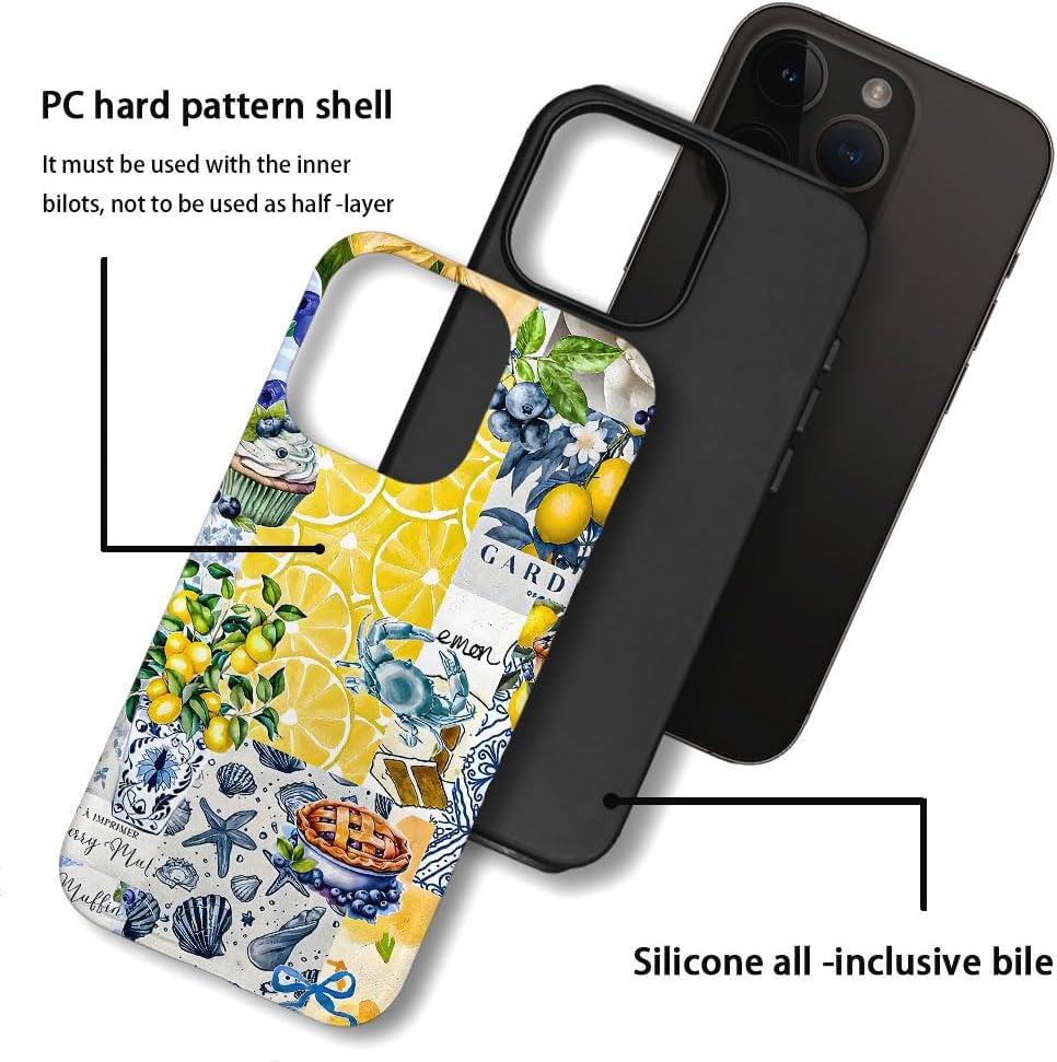 Compatible with iPhone 16 Pro,Durable & Shockproof Phone Case Cover Design - Collage Lemons Blueberries Shells