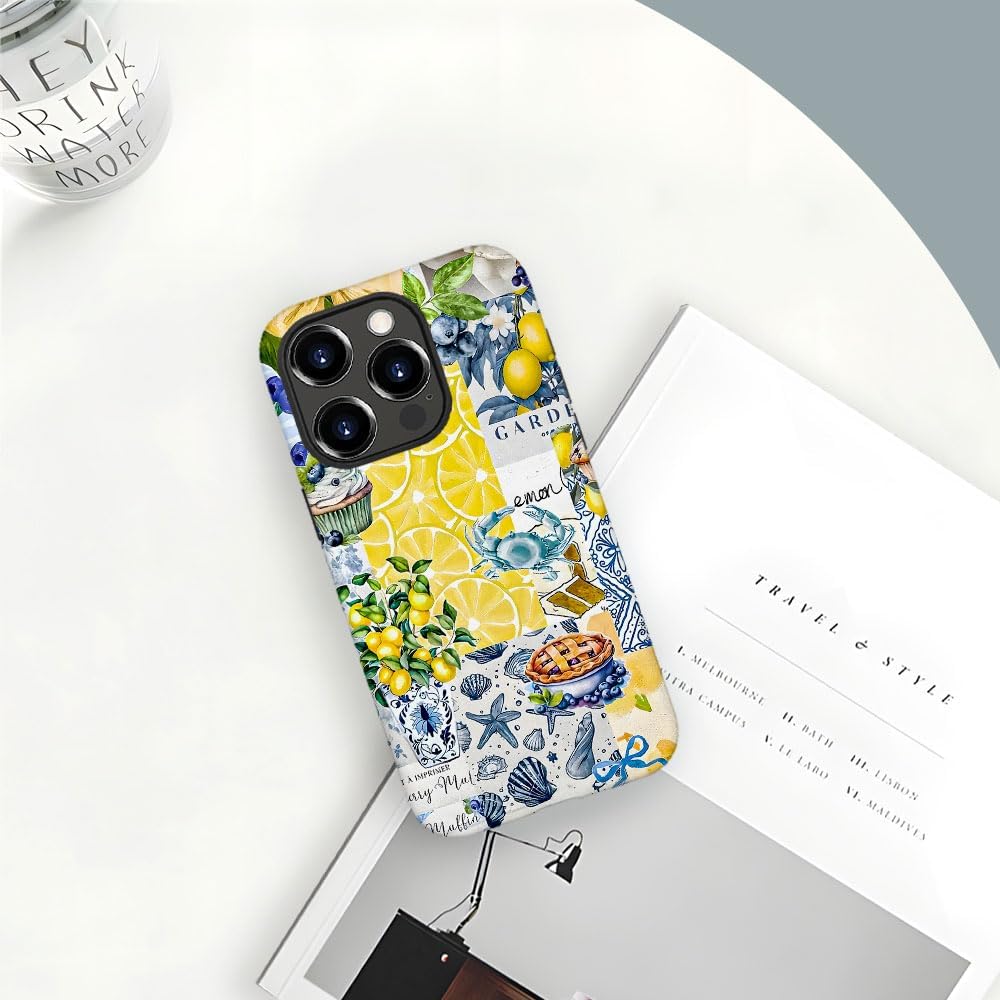 Compatible with iPhone 16 Pro,Durable & Shockproof Phone Case Cover Design - Collage Lemons Blueberries Shells