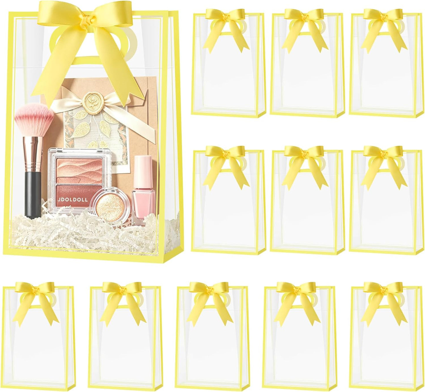 12 PCS Clear Plastic Gift Bags with Handles, Yellow | Reusable Party Favor Bags with Ribbon, 10.2 x 7.1 x 3.1 Inch, for Wedding, Birthday, Baby Shower, Bachelorette Party
