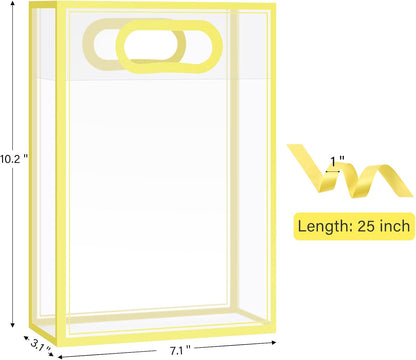 12 PCS Clear Plastic Gift Bags with Handles, Yellow | Reusable Party Favor Bags with Ribbon, 10.2 x 7.1 x 3.1 Inch, for Wedding, Birthday, Baby Shower, Bachelorette Party