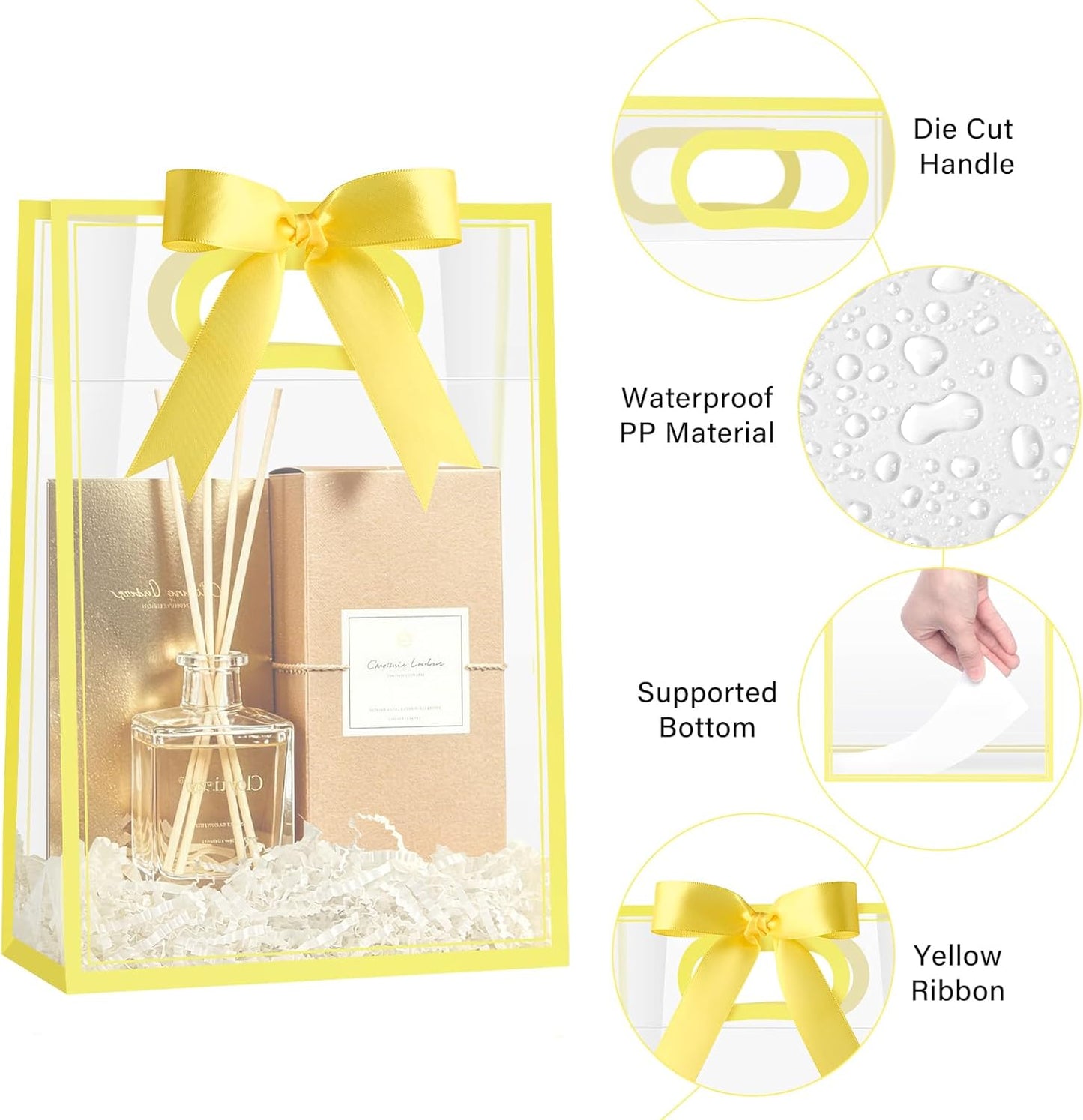 12 PCS Clear Plastic Gift Bags with Handles, Yellow | Reusable Party Favor Bags with Ribbon, 10.2 x 7.1 x 3.1 Inch, for Wedding, Birthday, Baby Shower, Bachelorette Party