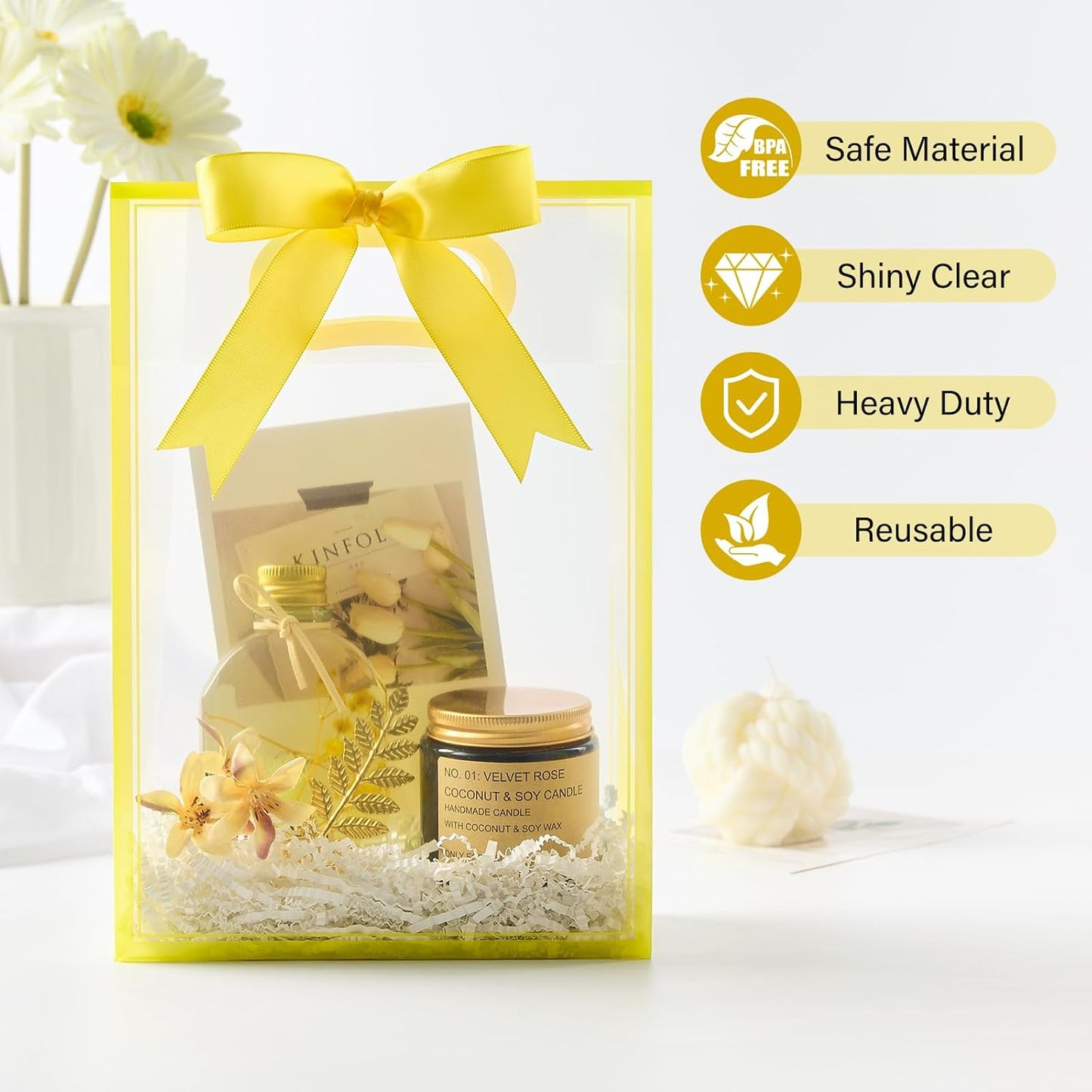 12 PCS Clear Plastic Gift Bags with Handles, Yellow | Reusable Party Favor Bags with Ribbon, 10.2 x 7.1 x 3.1 Inch, for Wedding, Birthday, Baby Shower, Bachelorette Party
