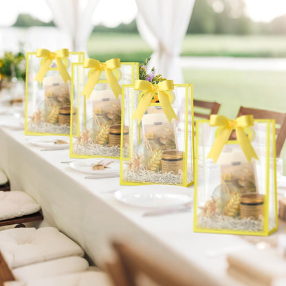 12 PCS Clear Plastic Gift Bags with Handles, Yellow | Reusable Party Favor Bags with Ribbon, 10.2 x 7.1 x 3.1 Inch, for Wedding, Birthday, Baby Shower, Bachelorette Party