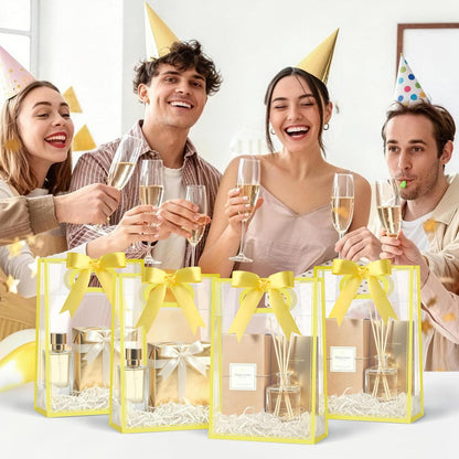 12 PCS Clear Plastic Gift Bags with Handles, Yellow | Reusable Party Favor Bags with Ribbon, 10.2 x 7.1 x 3.1 Inch, for Wedding, Birthday, Baby Shower, Bachelorette Party