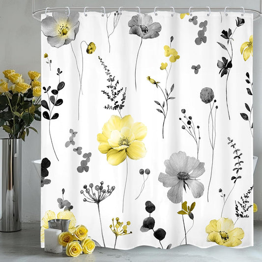 Watercolor Floral Shower Curtain 72Wx72H Inch Spring Yellow Flower Shower Curtains for Bathroom Modern Minimalist Botanical Wildflower Waterproof Fabric Shower Curtain Set with 12 Plastic Hooks