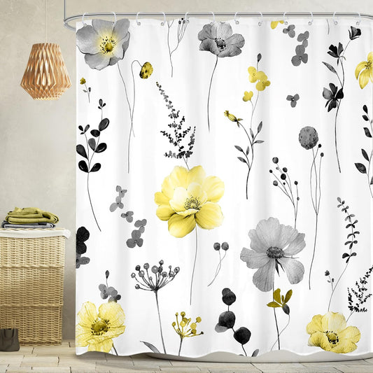 Watercolor Floral Shower Curtain 72Wx72H Inch Spring Yellow Flower Shower Curtains for Bathroom Modern Minimalist Botanical Wildflower Waterproof Fabric Shower Curtain Set with 12 Plastic Hooks
