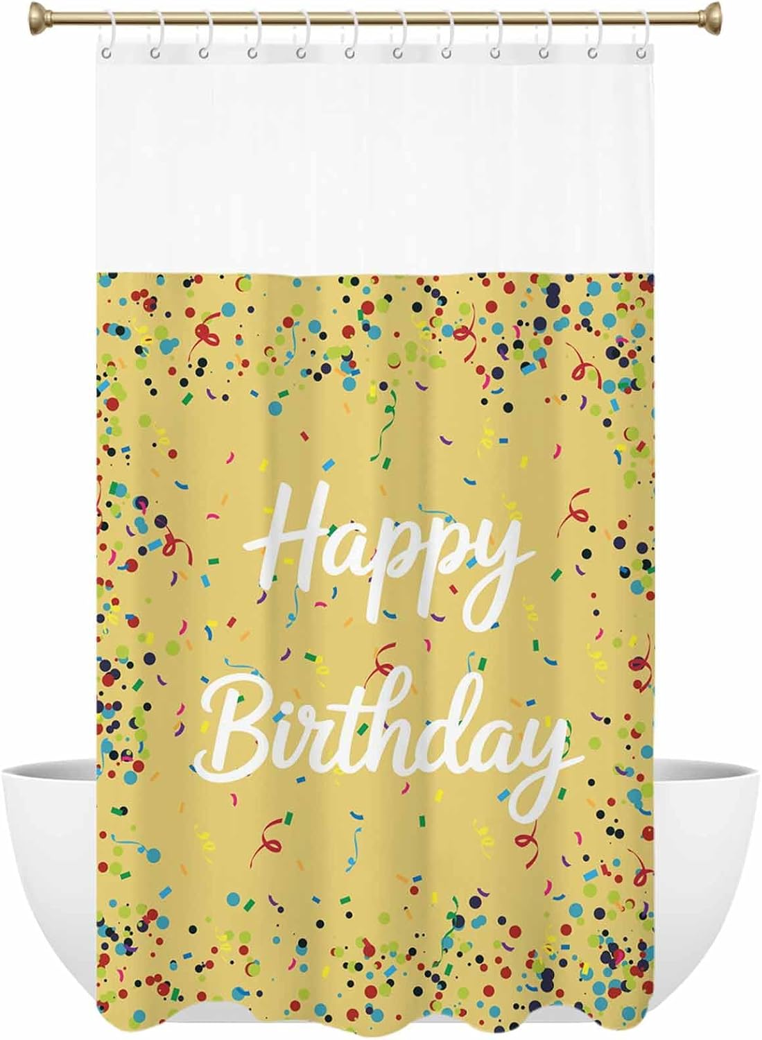 Shower Curtain Set with Mesh Top Window, Yellow Birthday Waterproof Fabric Shower Curtains for Bathroom, Colorful Confetti Ribbons Polka Dots Classroom Washable Bathroom Curtain, 48W x 72L