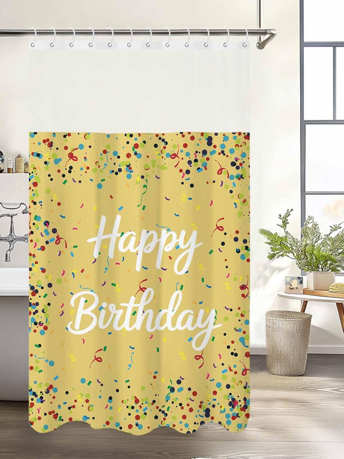 Shower Curtain Set with Mesh Top Window, Yellow Birthday Waterproof Fabric Shower Curtains for Bathroom, Colorful Confetti Ribbons Polka Dots Classroom Washable Bathroom Curtain, 48W x 72L