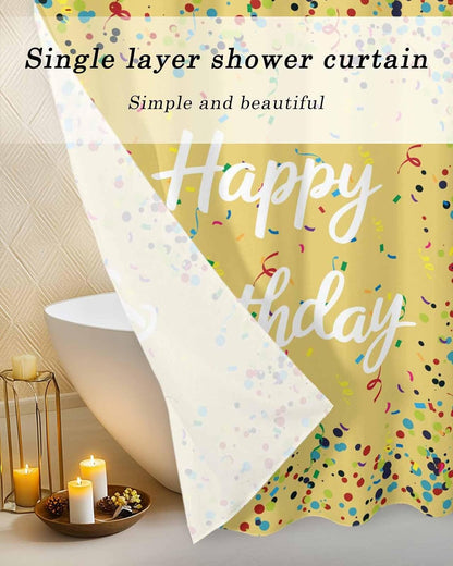 Shower Curtain Set with Mesh Top Window, Yellow Birthday Waterproof Fabric Shower Curtains for Bathroom, Colorful Confetti Ribbons Polka Dots Classroom Washable Bathroom Curtain, 48W x 72L