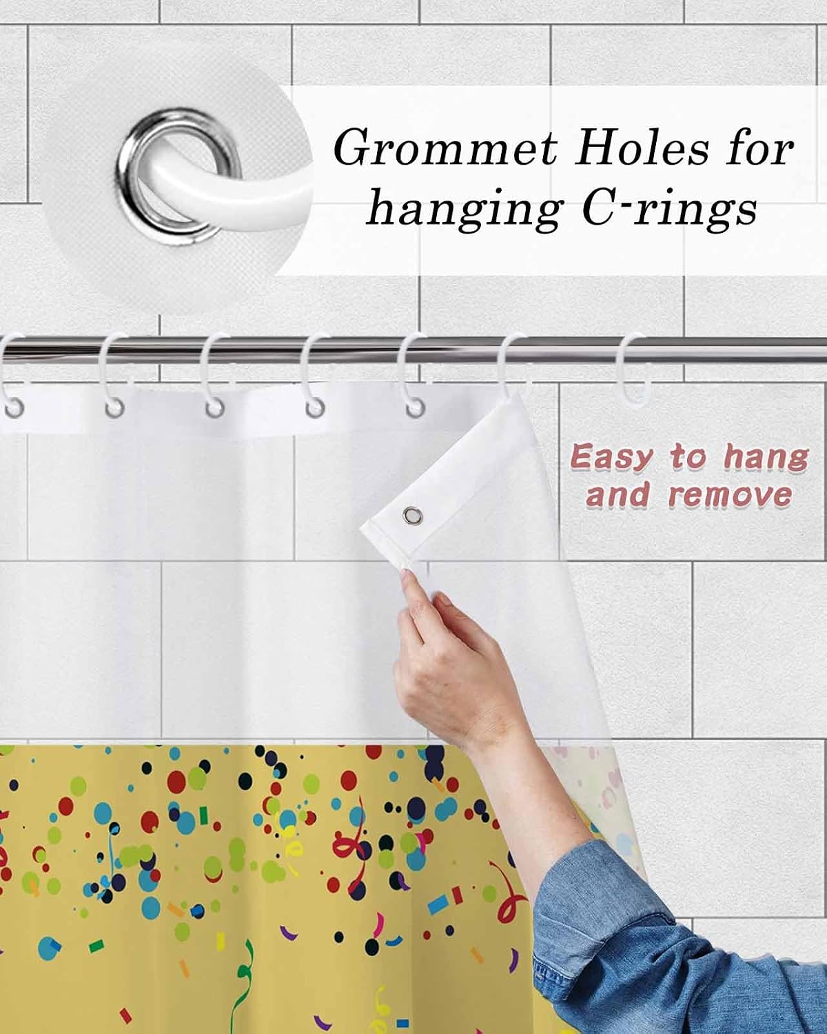 Shower Curtain Set with Mesh Top Window, Yellow Birthday Waterproof Fabric Shower Curtains for Bathroom, Colorful Confetti Ribbons Polka Dots Classroom Washable Bathroom Curtain, 48W x 72L