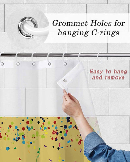 Shower Curtain Set with Mesh Top Window, Yellow Birthday Waterproof Fabric Shower Curtains for Bathroom, Colorful Confetti Ribbons Polka Dots Classroom Washable Bathroom Curtain, 48W x 72L