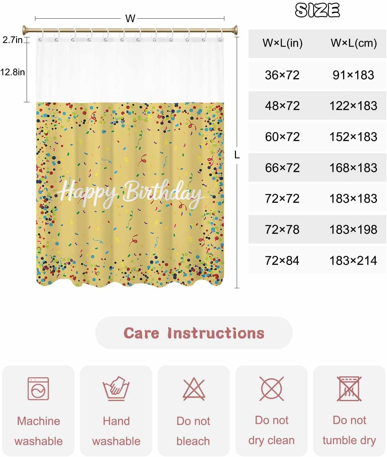 Shower Curtain Set with Mesh Top Window, Yellow Birthday Waterproof Fabric Shower Curtains for Bathroom, Colorful Confetti Ribbons Polka Dots Classroom Washable Bathroom Curtain, 48W x 72L