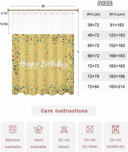 Shower Curtain Set with Mesh Top Window, Yellow Birthday Waterproof Fabric Shower Curtains for Bathroom, Colorful Confetti Ribbons Polka Dots Classroom Washable Bathroom Curtain, 48W x 72L