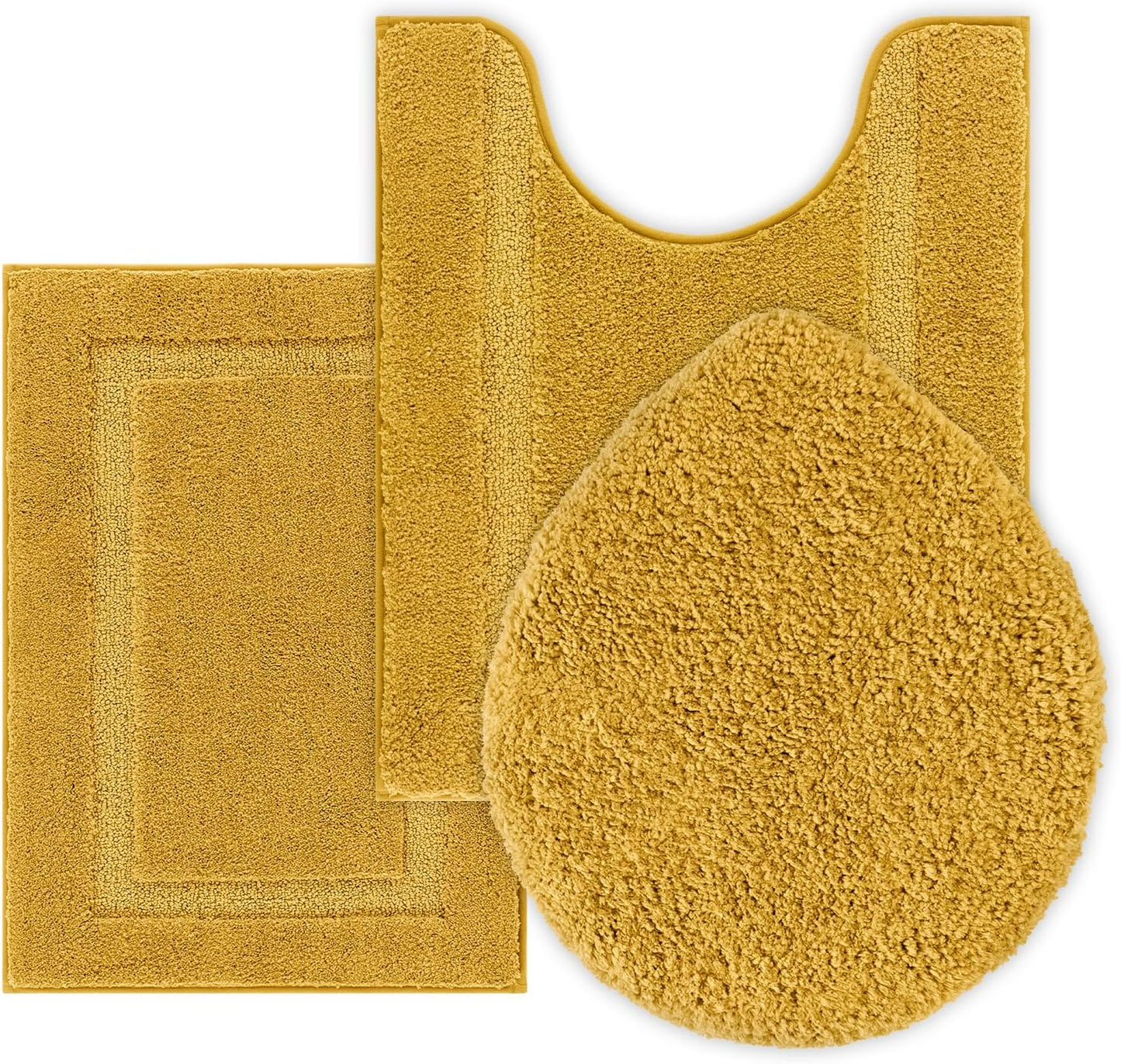 3 Pieces Bathroom Rugs with Toilet Lid Cover, Honey Mustard | Soft Absorbent, Non Slip, Washable, Microfiber, 16"x24"+U-Shape 20"x24"+Lid Cover19"x21"