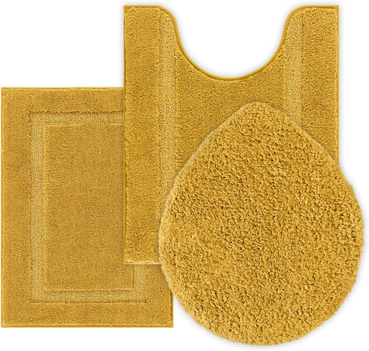 3 Pieces Bathroom Rugs with Toilet Lid Cover, Honey Mustard | Soft Absorbent, Non Slip, Washable, Microfiber, 16"x24"+U-Shape 20"x24"+Lid Cover19"x21"