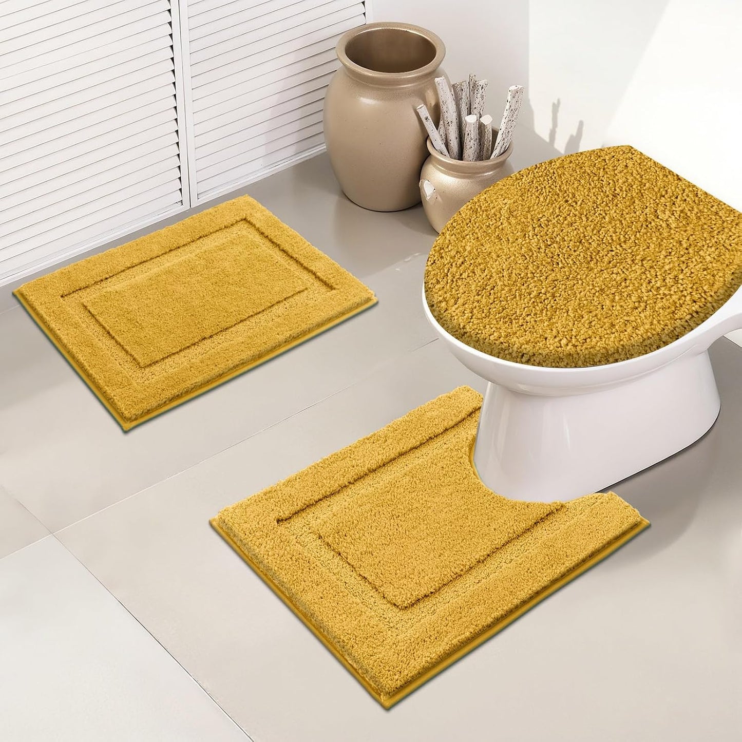 3 Pieces Bathroom Rugs with Toilet Lid Cover, Honey Mustard | Soft Absorbent, Non Slip, Washable, Microfiber, 16"x24"+U-Shape 20"x24"+Lid Cover19"x21"