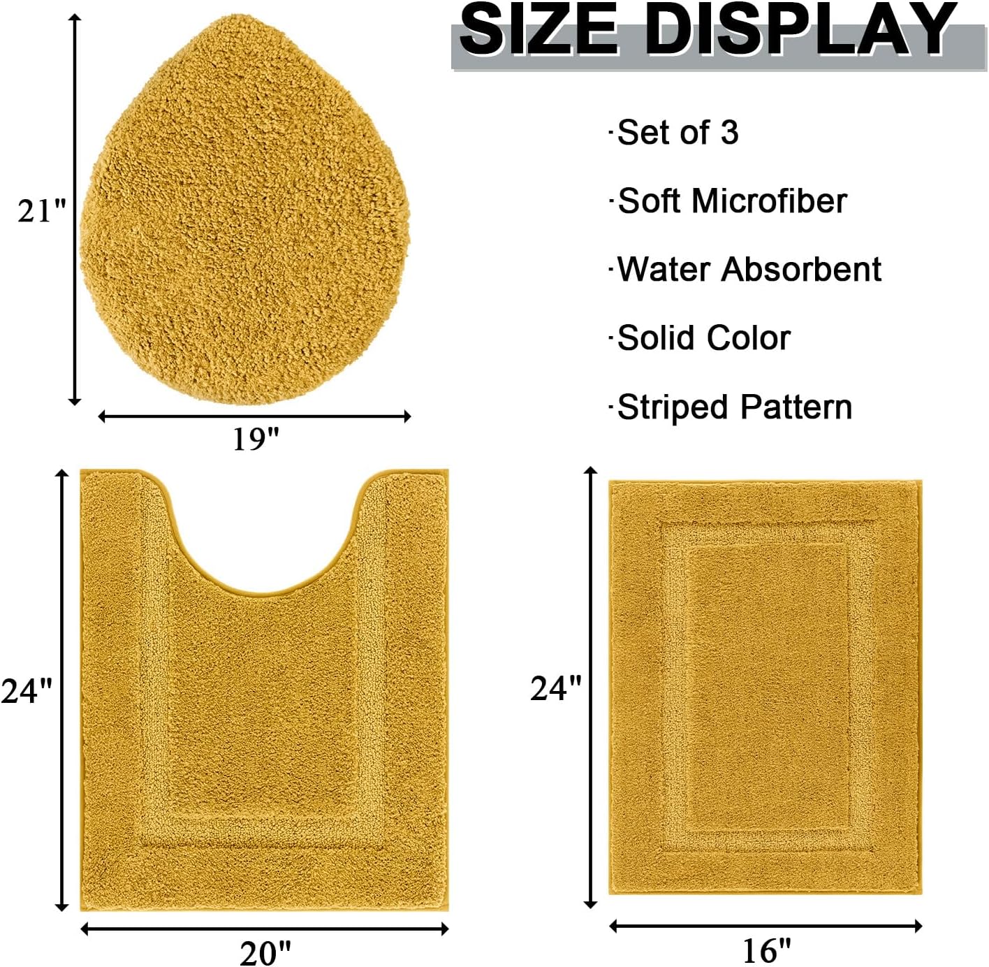 3 Pieces Bathroom Rugs with Toilet Lid Cover, Honey Mustard | Soft Absorbent, Non Slip, Washable, Microfiber, 16"x24"+U-Shape 20"x24"+Lid Cover19"x21"