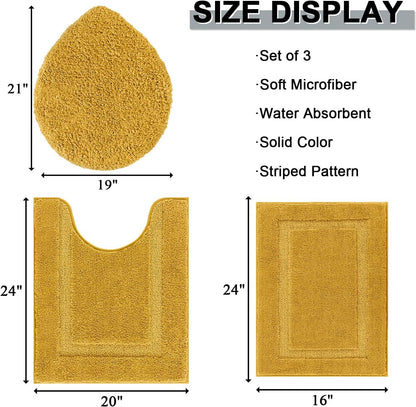3 Pieces Bathroom Rugs with Toilet Lid Cover, Honey Mustard | Soft Absorbent, Non Slip, Washable, Microfiber, 16"x24"+U-Shape 20"x24"+Lid Cover19"x21"