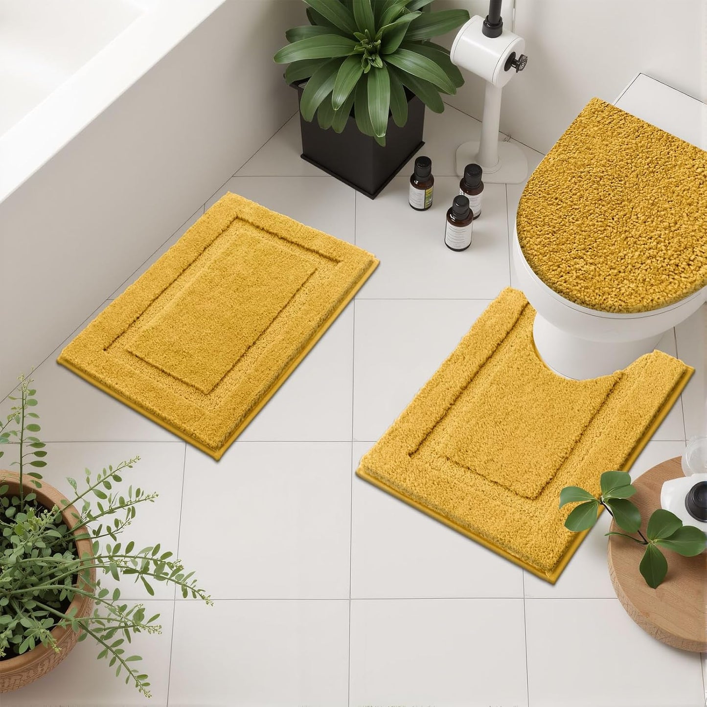 3 Pieces Bathroom Rugs with Toilet Lid Cover, Honey Mustard | Soft Absorbent, Non Slip, Washable, Microfiber, 16"x24"+U-Shape 20"x24"+Lid Cover19"x21"