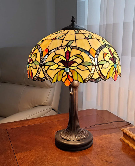 Tiffany Style Table Lamp Banker 23" Tall Stained Glass Green Tan Orange Yellow Floral Flower Vintage Antique Light Décor Living Room Bedroom Handmade Gift AM313TL16B