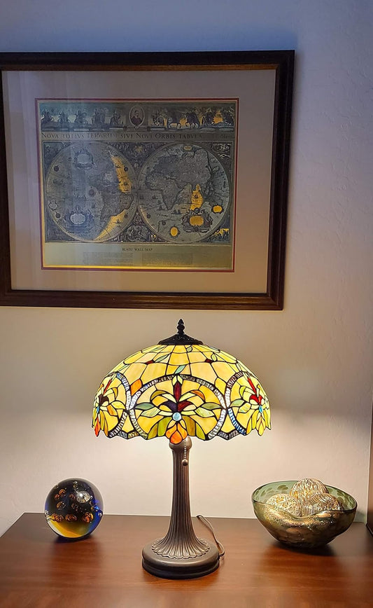 Tiffany Style Table Lamp Banker 23" Tall Stained Glass Green Tan Orange Yellow Floral Flower Vintage Antique Light Décor Living Room Bedroom Handmade Gift AM313TL16B