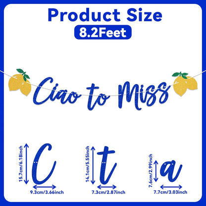 Ciao to Miss Bachelorette Banner Italian Lemon Decor, Bridal Shower Sign, Photo Backdrop, Mediterranean Bachelorette Party Decorations Blue Gold Glitter