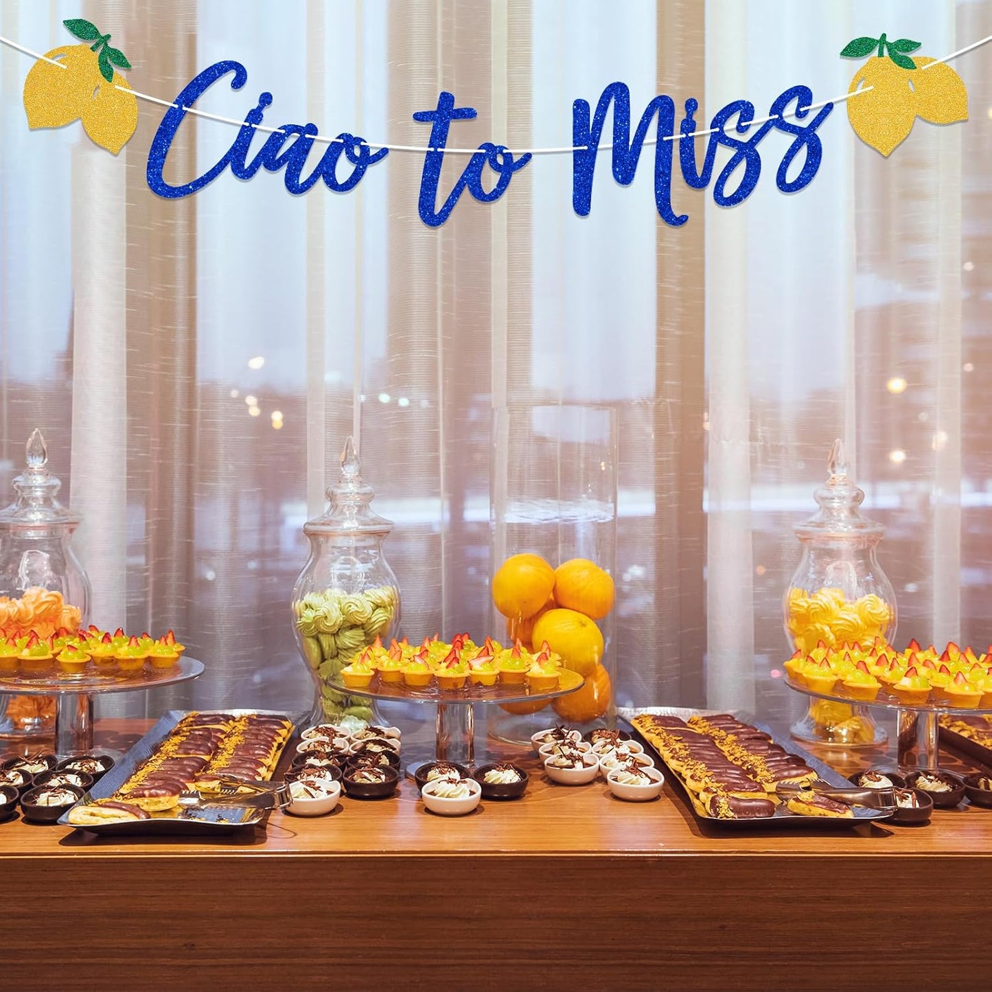 Ciao to Miss Bachelorette Banner Italian Lemon Decor, Bridal Shower Sign, Photo Backdrop, Mediterranean Bachelorette Party Decorations Blue Gold Glitter
