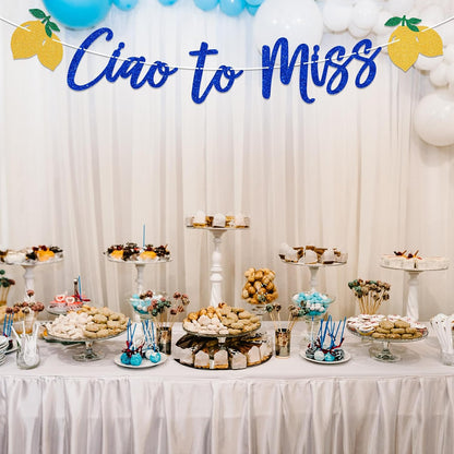 Ciao to Miss Bachelorette Banner Italian Lemon Decor, Bridal Shower Sign, Photo Backdrop, Mediterranean Bachelorette Party Decorations Blue Gold Glitter