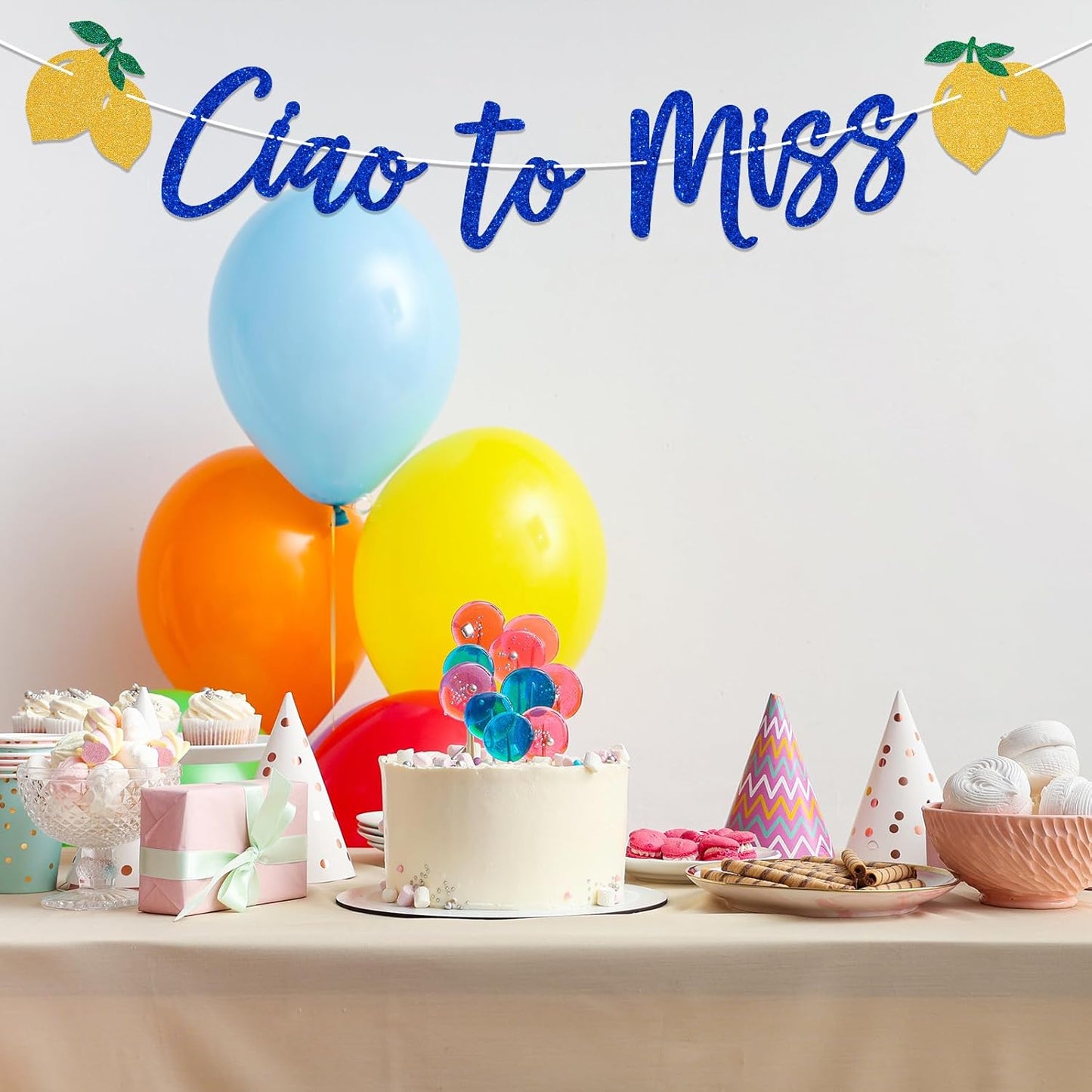 Ciao to Miss Bachelorette Banner Italian Lemon Decor, Bridal Shower Sign, Photo Backdrop, Mediterranean Bachelorette Party Decorations Blue Gold Glitter