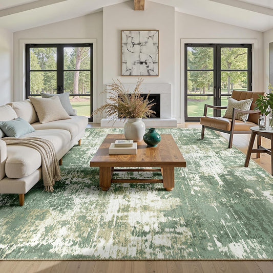 Washable Area Rugs 8'x10' Non-Slip Modern Abstract Soft for Living Room Entryway Bedroom Kitchen, Print Pattern, Light Green/Yellow