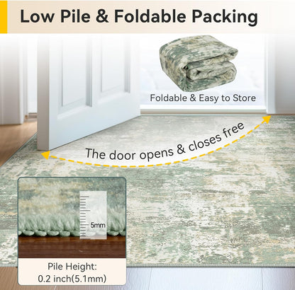 Washable Area Rugs 8'x10' Non-Slip Modern Abstract Soft for Living Room Entryway Bedroom Kitchen, Print Pattern, Light Green/Yellow