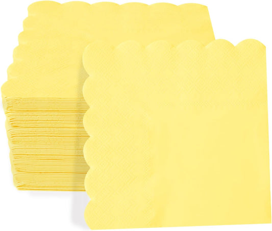 100 Pieces 2-ply Light Yellow Napkin Disposable Scalloped Cocktail Napkins Beverage Napkins Dessert Napkins Paper Napkins for Dinner Wedding Birthday Party Bridal Anniversary Reception Event (Yellow)